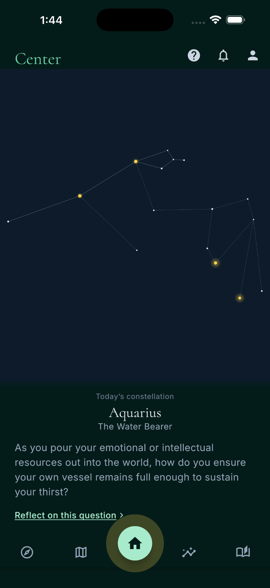 The Center tab in the Acariya app, showing today's constellation and prompt.